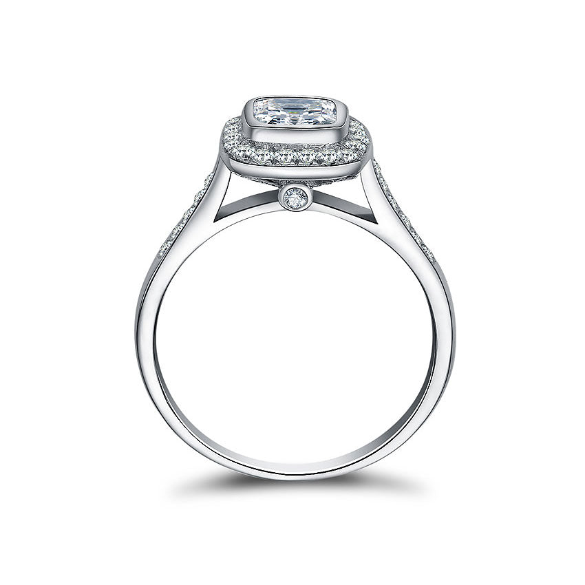 Elegant Bezel Halo Cushion SONA Diamond Engagement Ring In Sterling Silver